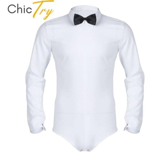 ChicTry Men Black/White Long Sleeve Zippered Modern Latin Dance Leotard Shirt with Bowtie Romper Shirt Adult Stage Dance Costume