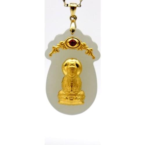 Natural Genuine Hetian Jade Necklace 24K Gold Carved Buddha GuanYin Lucky Blessing Pendants Men Women Feng Shui Amulet Jewelry