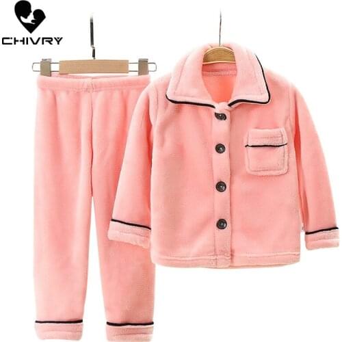 New 2020 Kids Boys Girls Autumn Winter Warm Flannel Pajama Sets Solid Long Sleeve Lapel Tops with Pants Sleeping Clothing Sets