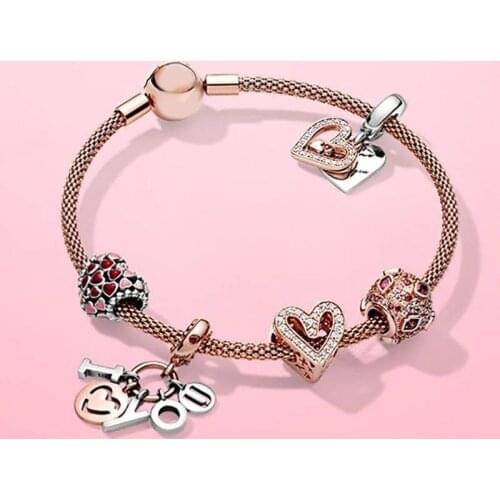 100% S925 Terling Silver Spring Rose Gold Hand-painted Love Kiss Charm Pendant Bracelet Confession Valentines