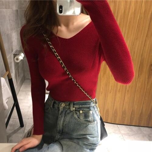 Shintimes V-Neck Sweater Women Knitted 2019 Fall Fashion Winter Clothes High Elastic Korean Female Pullover Feminino Pull Femme