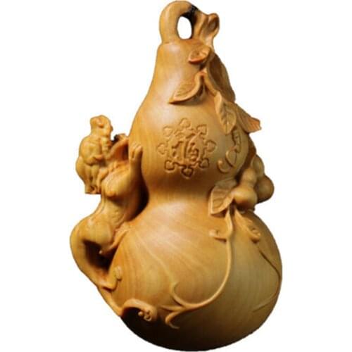 TJ170ca - 8*4.7*4 CM Boxwood Carving Netsuke : Baby Dragon on Gourd