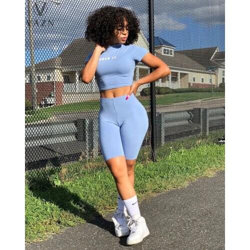 VAZN 2021 Hot Fresh Simple Letter Tracksuits Sexy Young Daily Short Sleeve Knee Length Slim Women 2 Piece Set Women Wear