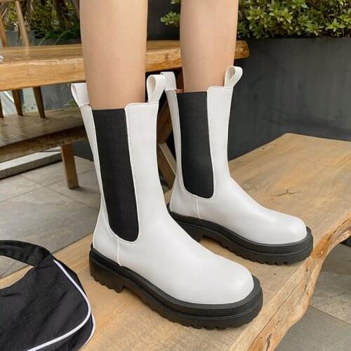 Women Botas Round Toe Platform Thick Heel Mid-Calf Boots Woman Fashion Slip-on Chelsea Booties Autumn Winter White Big Size42 43