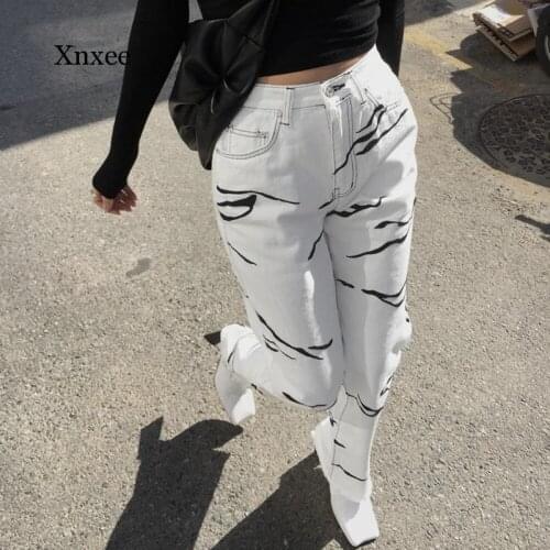 Women White Zebra Printed Y2K Straight Denim Trousers High Waist Jeans Bf Style Vintage Oversize Baggy Streetwear 90S Long Pants