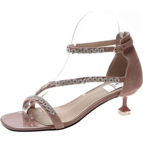 New Fashion Womens Heels for 2021 Summer Square Toe Crystal Stylish Girls Shoes Thin Heel and Open Toe Fairy Style Women Heels