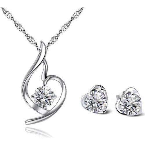 Enes Store Angel Heart Cubic Zirconia Women Necklace Earring Silver Set