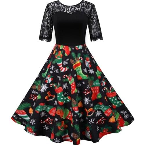 2021 Holiday Christmas Dress Winter Women Lace Sleeve O-Neck Elegant Vintage Stocking Print Xmas Party Outfits Plus Size
