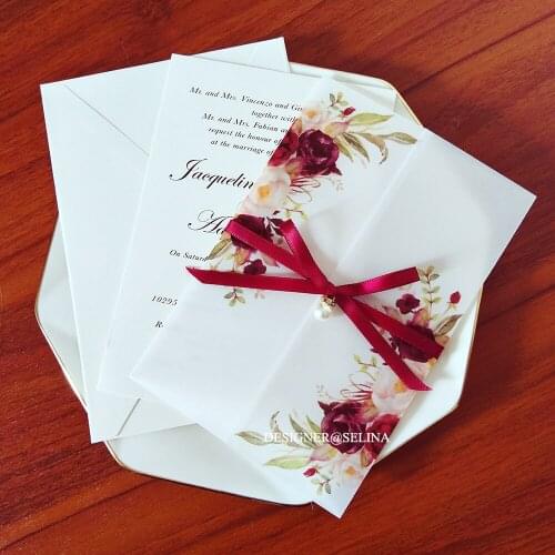 50 Pieces/Lot) Flower Personalized Print Translucent Wrap Wedding Invitation With Rhinestone DIY Vellum Cards For Quinceanera