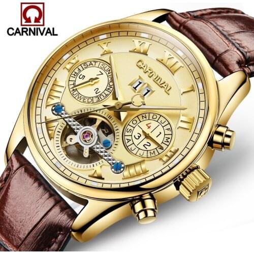 Carnival Men Skeleton Automatic Business WristWatches Sapphire Crystal Male Japan Mechanical Chronograph Clock Relogio Masculino