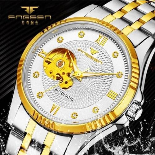 Fashion Skeleton Design Diamond Golden Dial Steel Mens Watch Top Brand Luxury Tourbillon Mechanical Automatic Wrist Watches