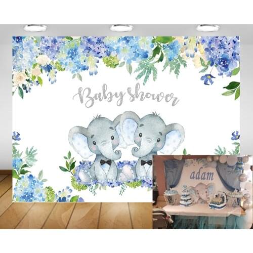 Twin Elephant Themed Baby Shower Backdrop for Photo Studio Floral Flowers Newborn Children Boys Birthday Background Photography