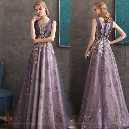 EZKUNTZ Evening Dress 2021 New Noble Purple Banquet Temperament Dress Elegant O Neck Sleeveless Lace Up Slim Hostess Dress