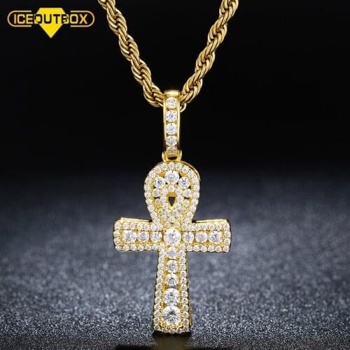ICEOUTBOX Ankh Cross Pendant Gold Color Hip Hop Jewelry AAA+ Cubic Zirconia Bling Small Size Pendant Necklace For Mens Women