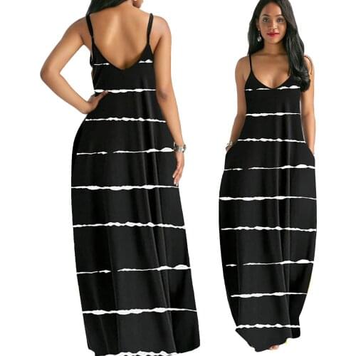 Summer Casual Sleeveless V-neck Dress Fashion Loose Stripe Floor-Length Dress Spaghetti Sling Backless Dress Summer New Arrivals