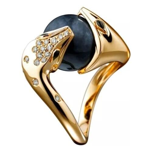 Womens Fashion 18K Gold Color Ring Elegant and Unique Snake Shape Obsidian Jewelry Wedding Engagement Party Ring Size 5-11