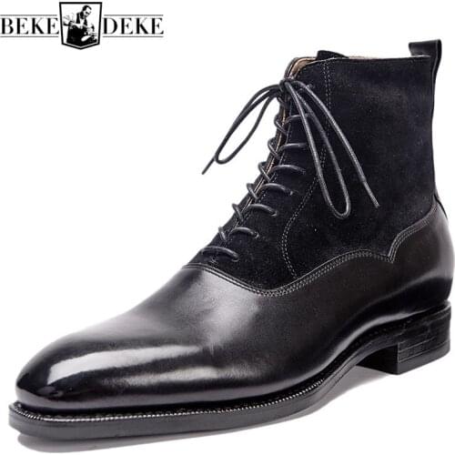 Handmade Patchwork Men England Business Boots Luxury Lace Up Pointed Toe Ankle Boots Brand Real Leather Oxfords Shoes Oversize