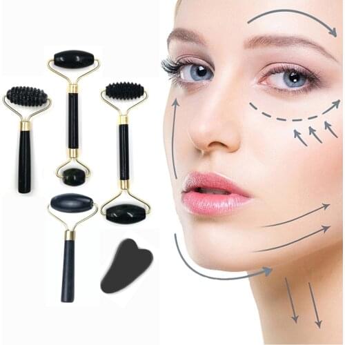 2pcs Face Massager Roller Natural Jade Stone Guasha Board Scraper Set Facial Lift Skin Relaxation Slimming Beauty Neck Thin Tool