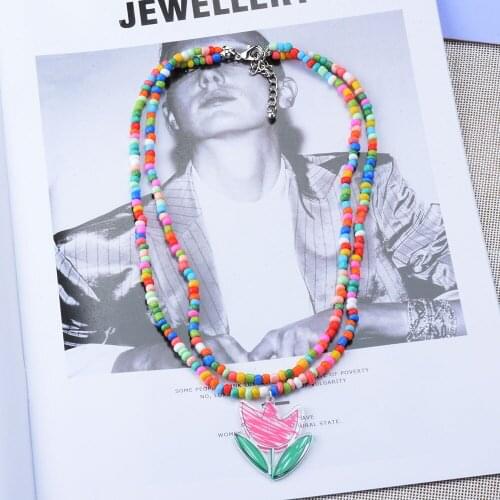 Bohemian Multicolor Acrylic Seeds Beads Choker Necklace Women Girls Kids Children Jewelry Rose Flowers Charm Pendants Necklace