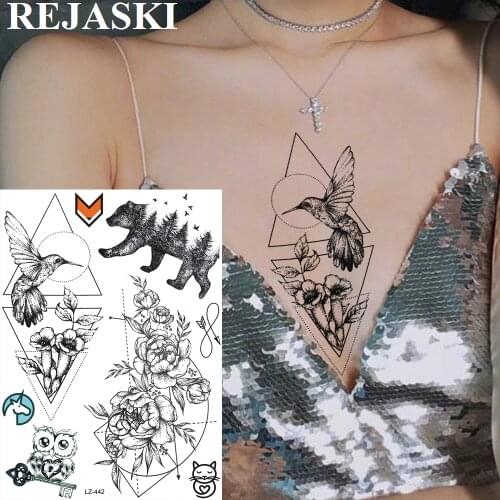 REJASKI Rose Camellia Geometric Hummingbird Bear Temporary Tattoos Sticker Round Diamond Fake Tatoos For Women Art Wrist Tattoo