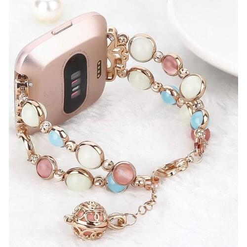 Luxury Metal Strap for Fitbit Versa 2/ Fitbit Versa 3 Sense Bands Bracelets Beaded Handmade Night Luminous Pearl Jewelry Woman