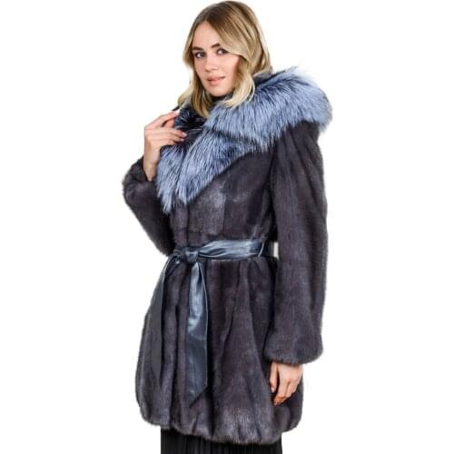 TOPFUR Natural Mink Fur Coat Blue Color With Big Fox Fur Hat For Women Coat With Belt Real Fur Parka Thick Warm Winter Overcoat