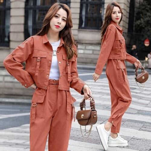 2021 Spring Fashion Streetwear Cargo Pants Suit Women Short Jacket + Pants 2-piece Set Womans Plus Size Two-piece Suit Female