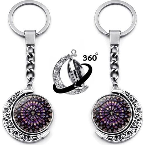Notre Dame de Paris Rhinestone Revolving Moon Pendant Keychain Ring Rotating Silver Color Metal Key Ring Souvenir Holder Decor