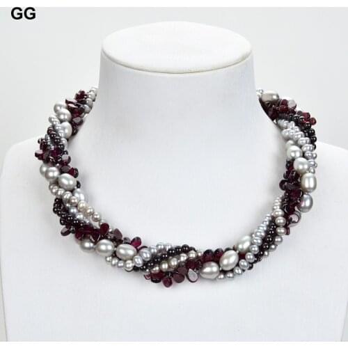 GuaiGuai Jewelry 17" 5 Strands Gray Rice Pearl Round Pearl Garnet Necklace
