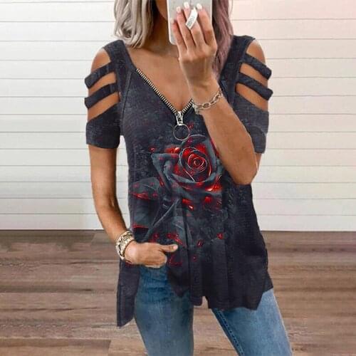Women Hollow Out Print V-Neck T-Shirt Short Sleeve Casual Blouse