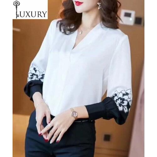 2020 Top Quality Silk Spring Summer Tops Women V-Neck Color Block Flower Print Long Sleeve Elegant Blouses Female Shirt