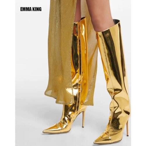 Women Knee High Boots Shiny Stage Boots Lady Thigh High Mirror Boots 2021 Autumn Pointed Toe High Patent leather Tube Shoes