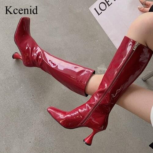 Kcenid Square Toe Women Long Boots Patent Leather Spike High Heels Wine Red Black White Chelsea Side Zipper Fashion Winter Boots
