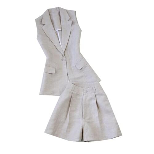 Womens Suit 2020 Summer New Linen Thin Suit Waistcoat Vest + Wide-leg High Waist Shorts Khaki Fashion Elegant Two-piece