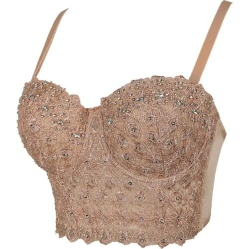 Women Embroidery Lace Bustier Crop Top Sequins Rhinestone Push Up Corset Bra
