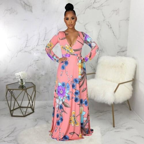 High Quality Floral Print Floor Length Dress Women Sexy Full Sleeve Deep V Neck Pleated Dress Vintage Fit and Flare Vestidos