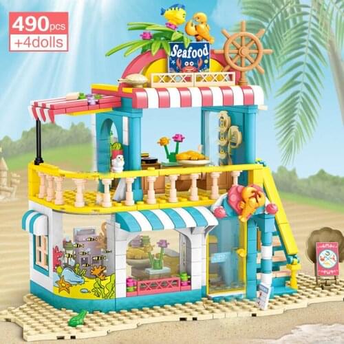 490Pcs Friends Princess Seaside Series Building Blocks Seafood Restaurant Set Figures DIY Educational Brick Toys for Girls Gifts