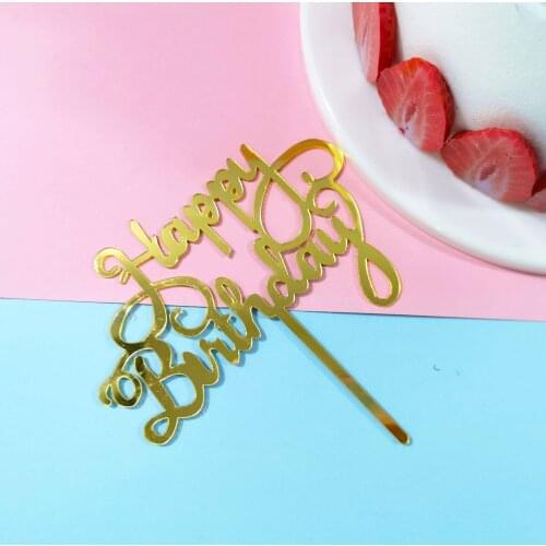 Acrylic Gold Happy Birthday Cake Toppers Silver Kids BirthdaY Cake Decoration Wedding Baby Shower Cupcake Flags Party Supplies
