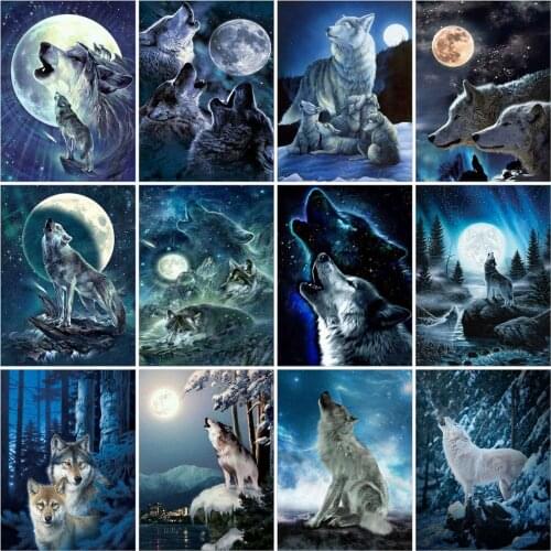 Huacan 5D DIY Diamond Painting New Arrivals Wolf Moon Diamond Mosaic Embroidery Animals Picture Of Rhinestones Home Decor