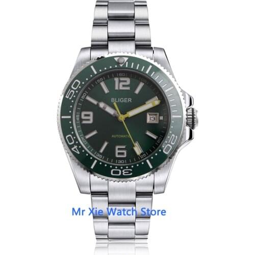 Bliger 43mm Green Dial Mens Automatic Watch Sapphire Glass Date Waterproof Luminous Mechanical Watch