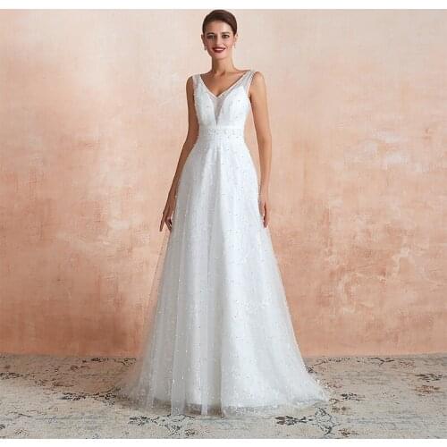 Elegant V-neck Beaded Lace Wedding Dress A-line Light Boho Wedding Gowns Backless White Ivory Bride Dresses For Summer Wedding