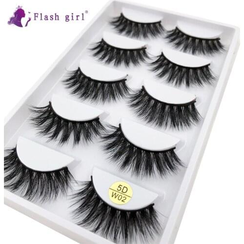 Flash Girl 5 Pairs Faux Mink Eyelashes 5D-W02 Thick Handmade Full Strip Lashes Resuable Soft Fake Eyelash Makeup Tools