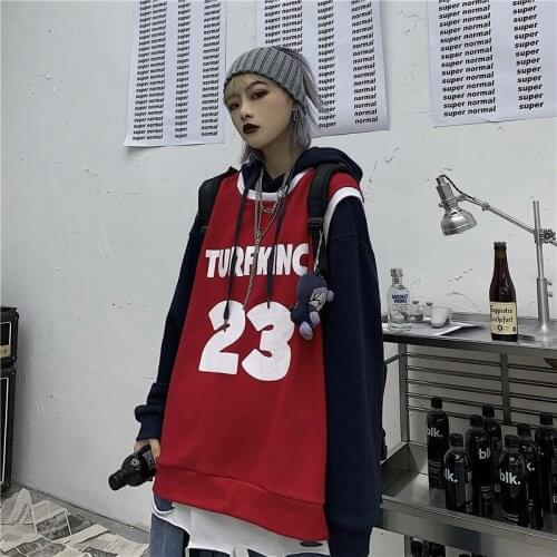 Korean Winter Harajuku Style Pullovers Hooded Sweatshirts Contrast Letter Printing Loose Full Sleeve Fake Two Thicken Sweatshirt