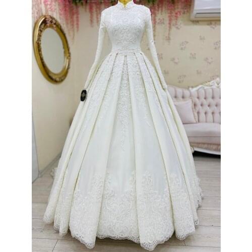 Lace Satin Muslim Wedding Dresses for Bride 2021 Long Sleeve High Neck Moroccan Caftan Wedding Bridal Gowns vestidos de novia