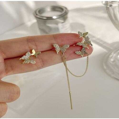 MENGJIQIAO 2021 Fashion Cute Rhinestone Butterfly Drop Earrings For Women Trendy Gold Color Metal Chain Boucle D'oreille Jewelry
