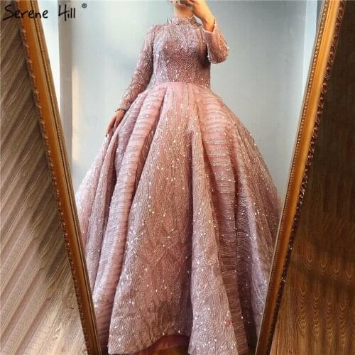 Muslim Orange High Collar Sequined Evening Dresses 2020 Long Sleeve Sparkle Luxury Bridal Gowns BHA2293 Custom Made