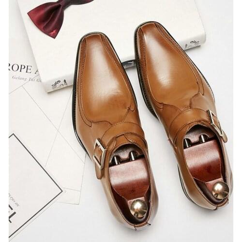 New fashion European Leather Men Brown Monk Strap Formal Shoes Office Business Wedding Suit men Dress Loafers