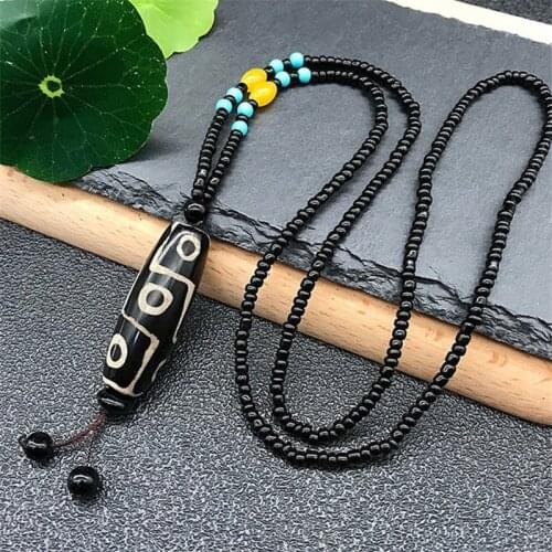 Retro Protective Natural Black White Tibetan Dzi Beads Necklace Amulet Attract Positive Energy and Good Luck for Men and Women