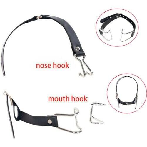 PU Leather Belt Open Mouth Gag Metal Claw Open Mouth Nose Hook Spreader Force Gags Couples Bondage BDSM Erotic Oral Sex Toys