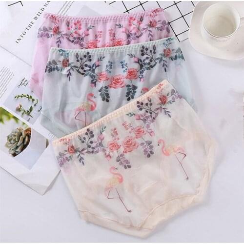 3Pcs/lot New Thin Intimates Girls Underwears Flamingo Print Plus Size 5XL Sexy Lingeries Mesh Transparent Womens Panties Sets